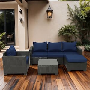 6-Pieces Dark Coffee Wicker Outdoor Sectional Sofa Set with Dark Blue Cushions and Table