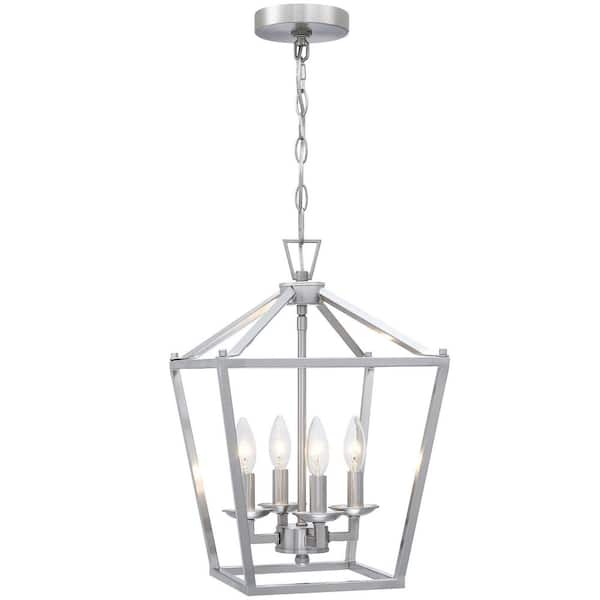 Uixe 12 in. 4-Light Brushed Nickle Chandeliers Geometric Cage Lantern Pendant Light