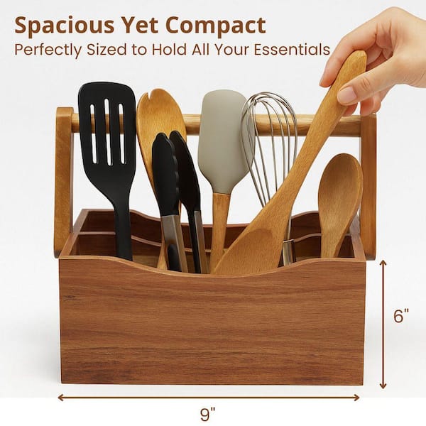 Acacia Wood Countertop Utensil Caddy Natural Finish Portable