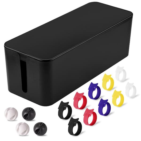 Large Black ABS Cable Management Box with Lid for Power Strips, TV and Desk Cord Organizer