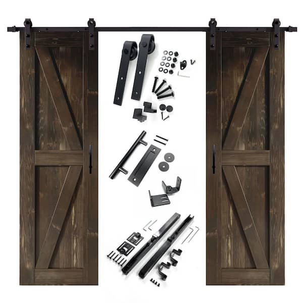 HOMACER 26 in. x 84 in. K-Frame Ebony Double Pine Wood Interior Sliding Barn Door with Hardware Kit Non-Bypass