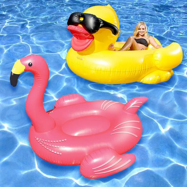 Swimline Giant Flamingo and Riding Derby Duck Swimming Pool Float Combo (2-Pack)
