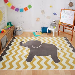 Lucky Elephant Yellow 7 ft. 6 in. x 10 ft. Whimsical Area Rug