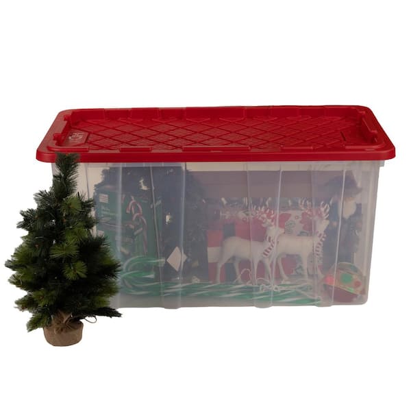 HDX 77 Gal. Tough Storage Tote with Wheels in Clear with Red Lid