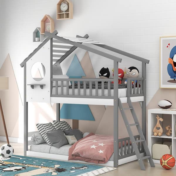 Polibi Gray Twin Over Twin Bunk Bed Wood Bed with Roof, Window, Ladder