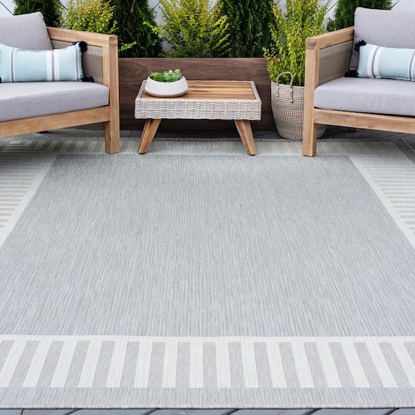 Eco Striped Border Gray 5 ft. x 8 ft. Indoor/Outdoor Area Rug