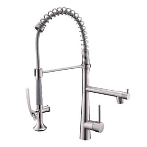 Commercial Single Handle Pull Down Sprayer Kitchen Faucet with Modern Spring Brass Kitchen Faucet in Brushed Nickel