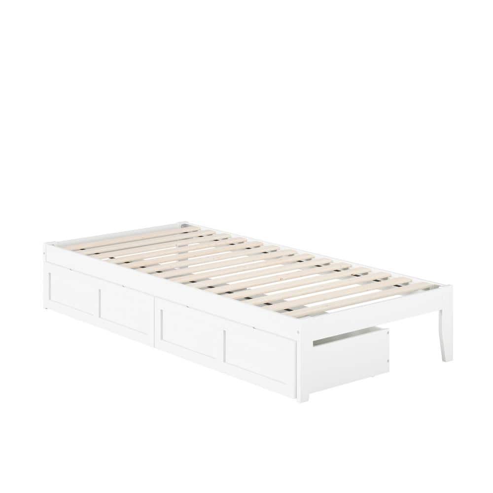 White Twin Platform Bed with Storage Drawers and USB Charger