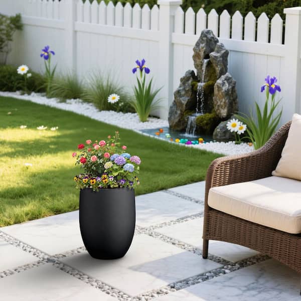 12 in. Matte Black（Upgraded Interior） Large Concrete Tall Round Planter / Pot with Drainage Holes for Indoor and Outdoor