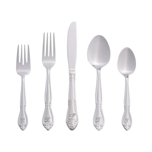 Rose Monogrammed Letter L 46-Piece Silver Stainless Steel Flatware Set (Service for 8)