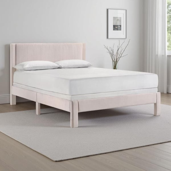 Benjara Cery Pink Wood Frame Queen Size Platform Bed with Headboard
