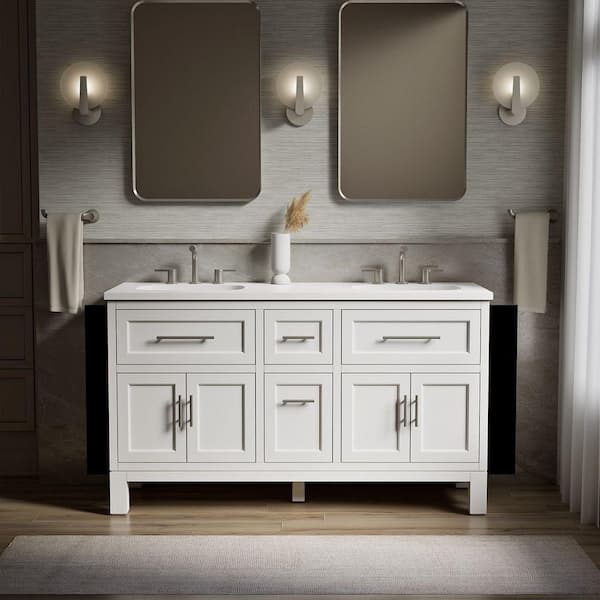 Quo 61in. Double Sink Freestanding White Bath Vanity with White Quartz Top Assembled