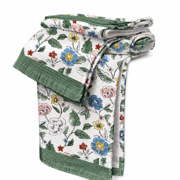 Vibrant Botanical Cotton Waffle Kitchen Towels Set of 2, 16 in. x 26 in. with Hanging Loop, Absorbent