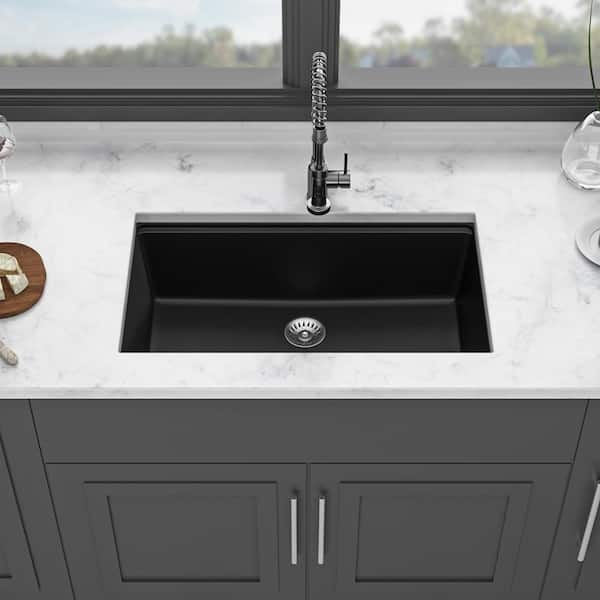 30 in. Undermount Single Bowl Black Quartz Kitchen Sink with Bottom Grids and Strainer Basket