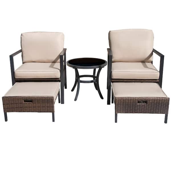 maocao hoom Brown 5-Piece Wicker Patio Conversation Set with Beige Cushions