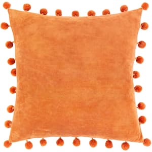 Galini Burnt Orange Velvet Pom Pom Polyester Fill 20 in. x 20 in. Decorative Pillow