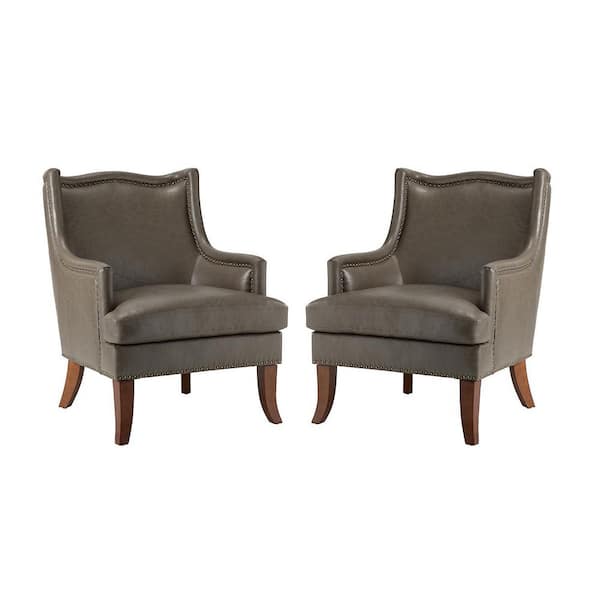 JAYDEN CREATION Laurenz Gray Faux Leather Arm Chair with Nailhead Trim (Set of 2)