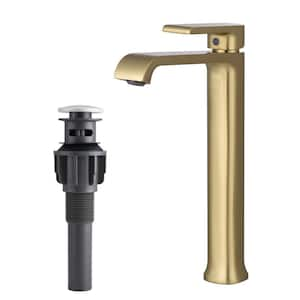 Single Handle Bathroom Vessel Sink Faucet with Pop-Up Drain Modern Brass Bathroom Tall High Faucets in Brushed Gold