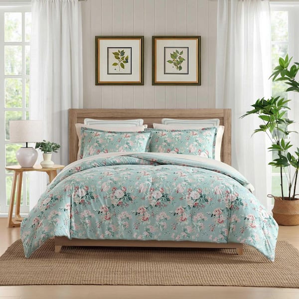 Rosemoore Face 3-Piece Whisper Pink/Teal Cotton Full/Queen Comforter Set