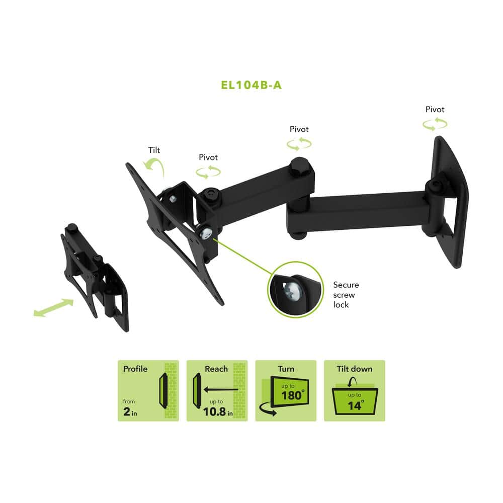 Black Steel Full Motion Dual Arm TV Wall Mount for 12"-25" Screens