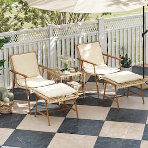 5-Piece Wicker Patio Outdoor Bistro Set Conversation Sets of 2 Chair 2 Ottoman with Beige Cushions and Coffee Table