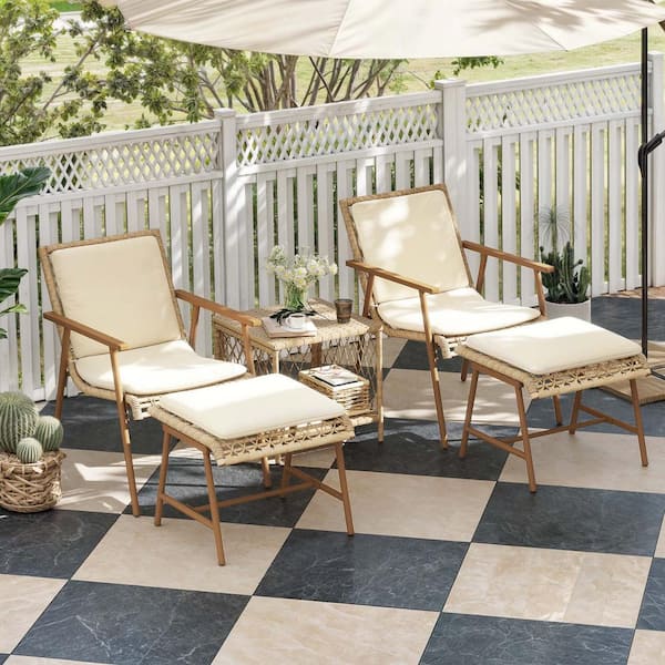 DEXTRUS 5-Piece Wicker Patio Outdoor Bistro Set Conversation Sets of 2 Chair 2 Ottoman with Beige Cushions and Coffee Table