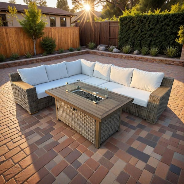 Naples 5-Piece Brown Wicker Aluminum Outdoor Patio Fire Pit Deep Sectional Seating Set with Cast Natural Cushions