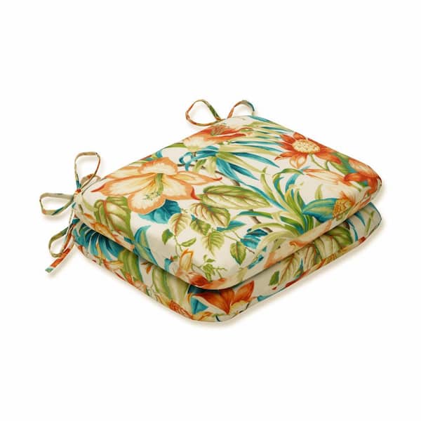 Pillow Perfect Floral 18.5 in. x 15.5 in. Outdoor Dining Chair Cushion in Blue/Green/Orange (Set of 2)
