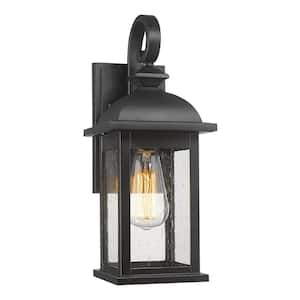 Black Outdoor Hardwired Wall Lantern Scone with Seeded Glass