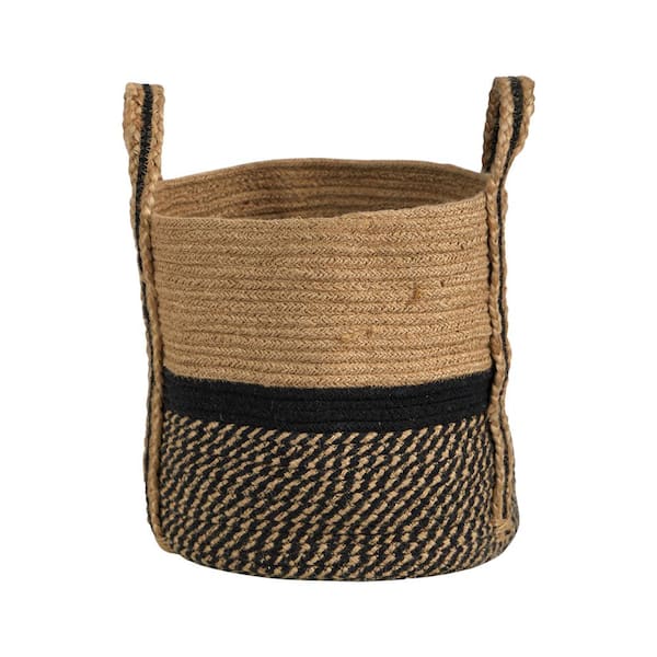Nearly Natural 13 in. Beige Top Black Bottom Natural Jute Boho Chic Basket Planter with Handles