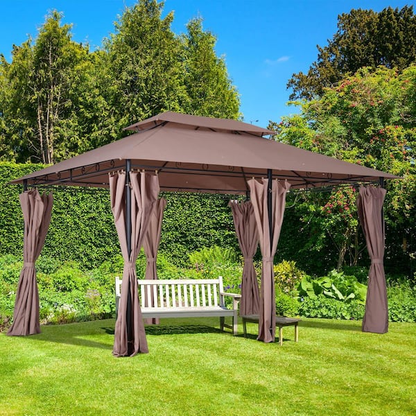 10 ft. x 13 ft. Patio Gazebo2-Tier Steel Outdoor Garden Gazebo With Vented Soft Top Canopy And Removable Curtains, Khaki