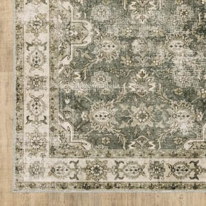 4' X 6' Green Brown Beige Yellow And Olive Oriental Printed Stain Resistant Non Skid Area Rug