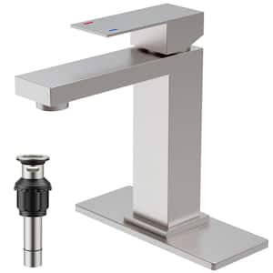 Single Handle Mid-Arc Bathroom Faucet with Pop-Up Drain Included and Spot Resistant in Brushed Nickel