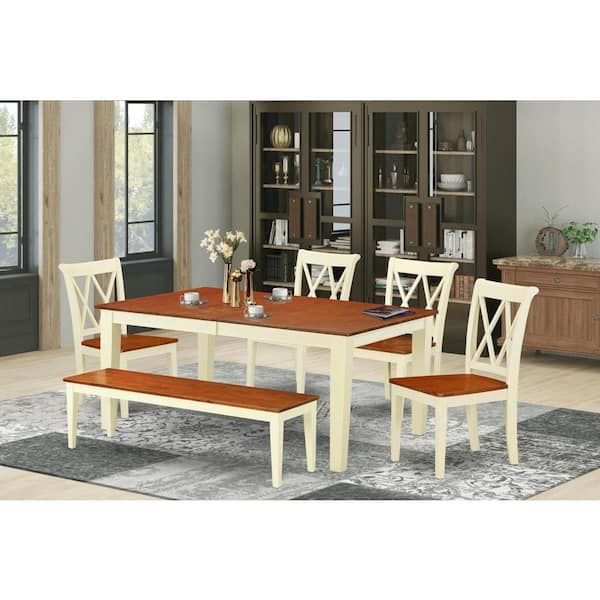 East West Furniture 6-Piece Rectangle Buttermilk & Cherry Finish Solid Wood Top Dining Table with 1 Bench, 4 Chairs with Cross Back