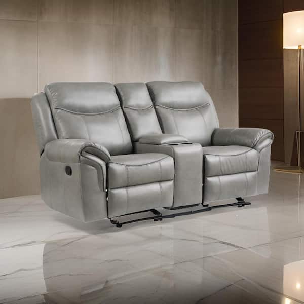 Benjara 80 in. Pillow Top Arm Faux Leather Rectangle Recliner Loveseat Sofa in Gray