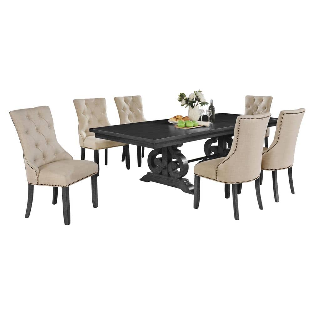 Dark Gray Wood Extendable Dining Set with Beige Linen Chairs
