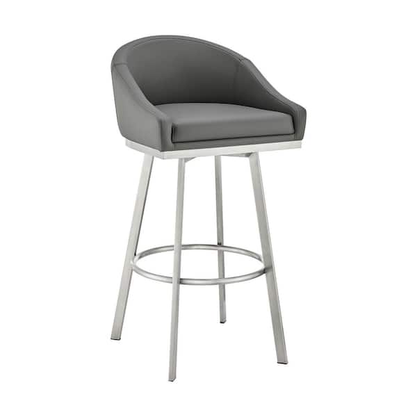 Armen Living Noran 34.5 in. Grey/Brushed Stainless Steel 25.5 in. Bar Stool with Faux Leather Seat