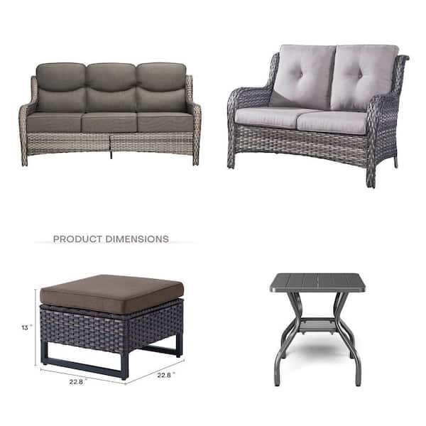 6 in. Thicken 3-Seat Wicker Outdoor Couch with Gray Cushion, 2-Seat Loveseat, 2-Pack Ottoman and Side Table Combo