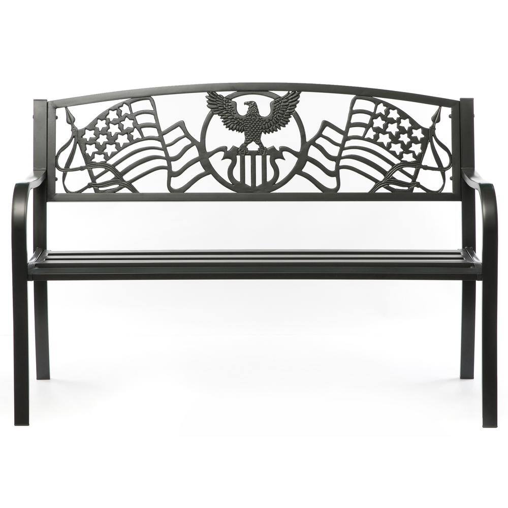 Black Steel Outdoor Patio Bench with Cast Iron American Flag Backrest
