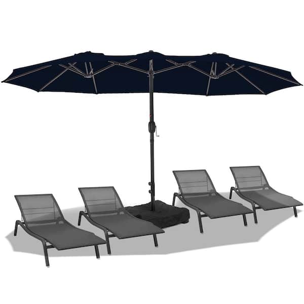 PASAMIC 15 ft. Market Umbrella Double Sided Outdoor Patio Umbrella with Crank and Base Navy Blue