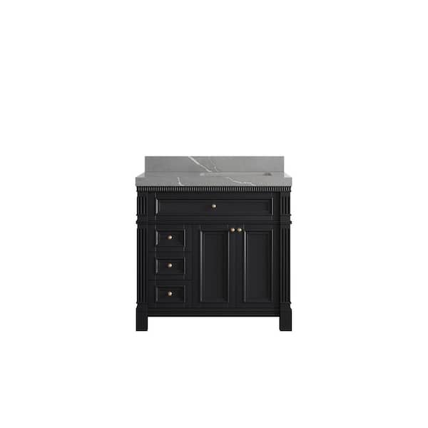 Willow Collections Paris 36 in. W x 22 in. D x 36 in. H Right Offset Sink Bath Vanity in Black with 2 in. Piatra Gray qt. Top