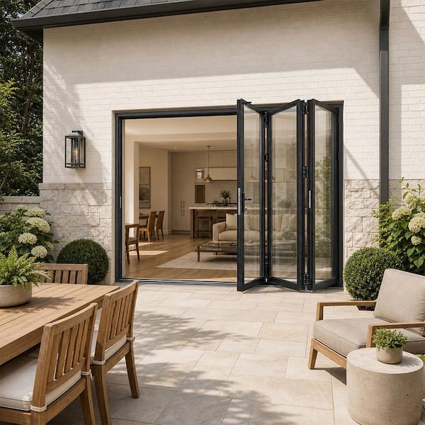 108 in. x 96 in. Matte Black Left to Right Out-Swing Thermal Break Aluminum Folding Patio Door with Locks