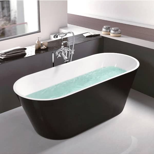 Magic Home 59 in. Acrylic Freestanding Bathtub Contemporary Soaking Tub with Brushed Nickel Overflow and Drain, Black
