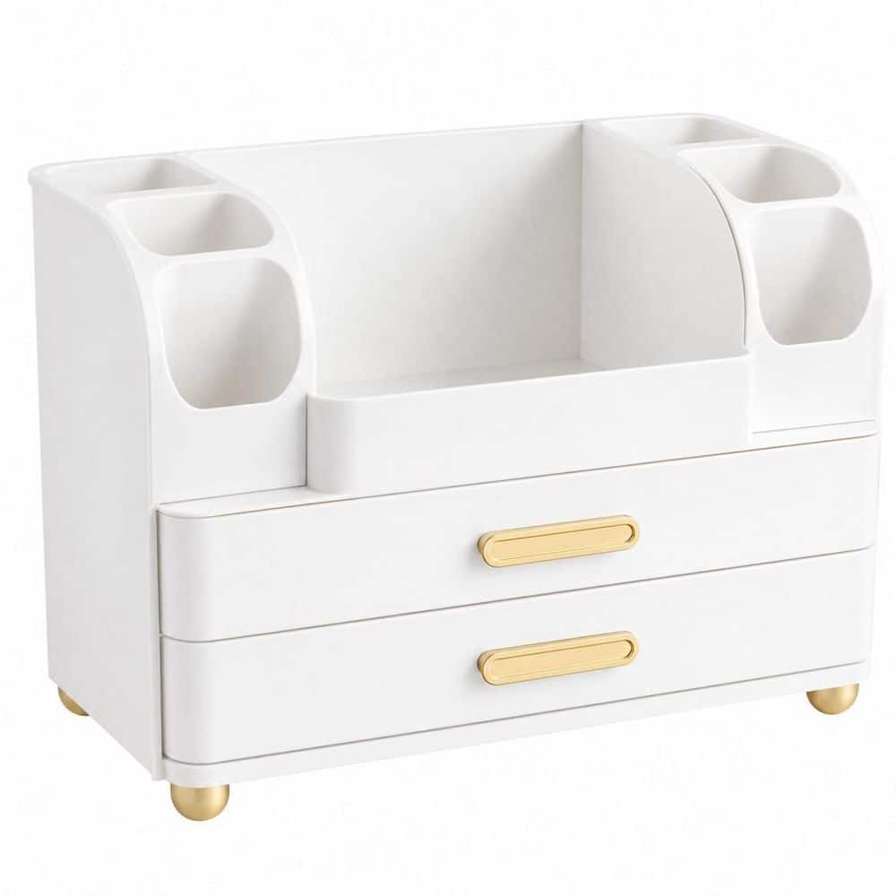 White Large Makeup Organizer with Brush Holder, CountertopVanity Storage for Skincare Lipsticks Perfumes