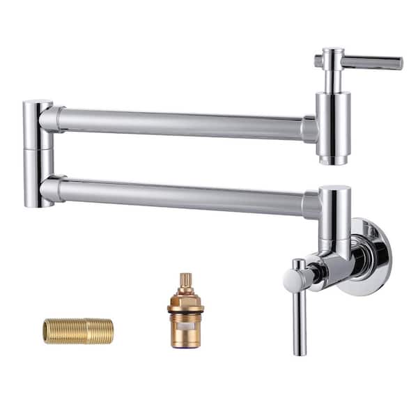 WOWOW Wall Mounted Pot Filler with Double Handles in Polished Chrome