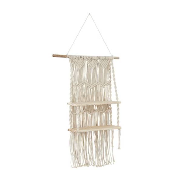 25 in.  x 49 in. White Handmade 2 Shelves Cotton Fabric Macrame Wall Shelf