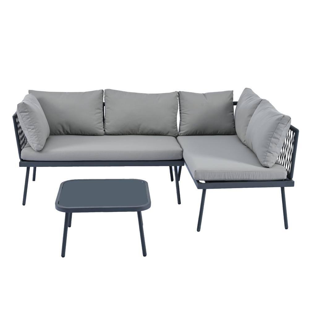 3-Piece Metal Outdoor Sectional Set Sofa with Gray Cushions and Glass Table