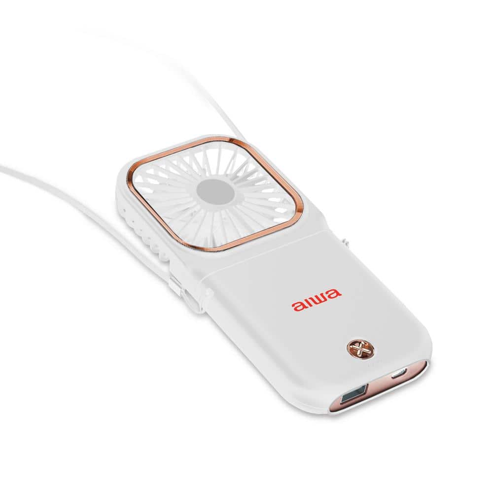 4000mAh Portable White Power Bank Fan with Neck Strap - Ultra Quiet, 3 Spee