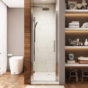 24 in. - 26 in. W x 72 in. H Pivot/Hinged Frameless Shower Door in Brushed Nickel with Clear Glass