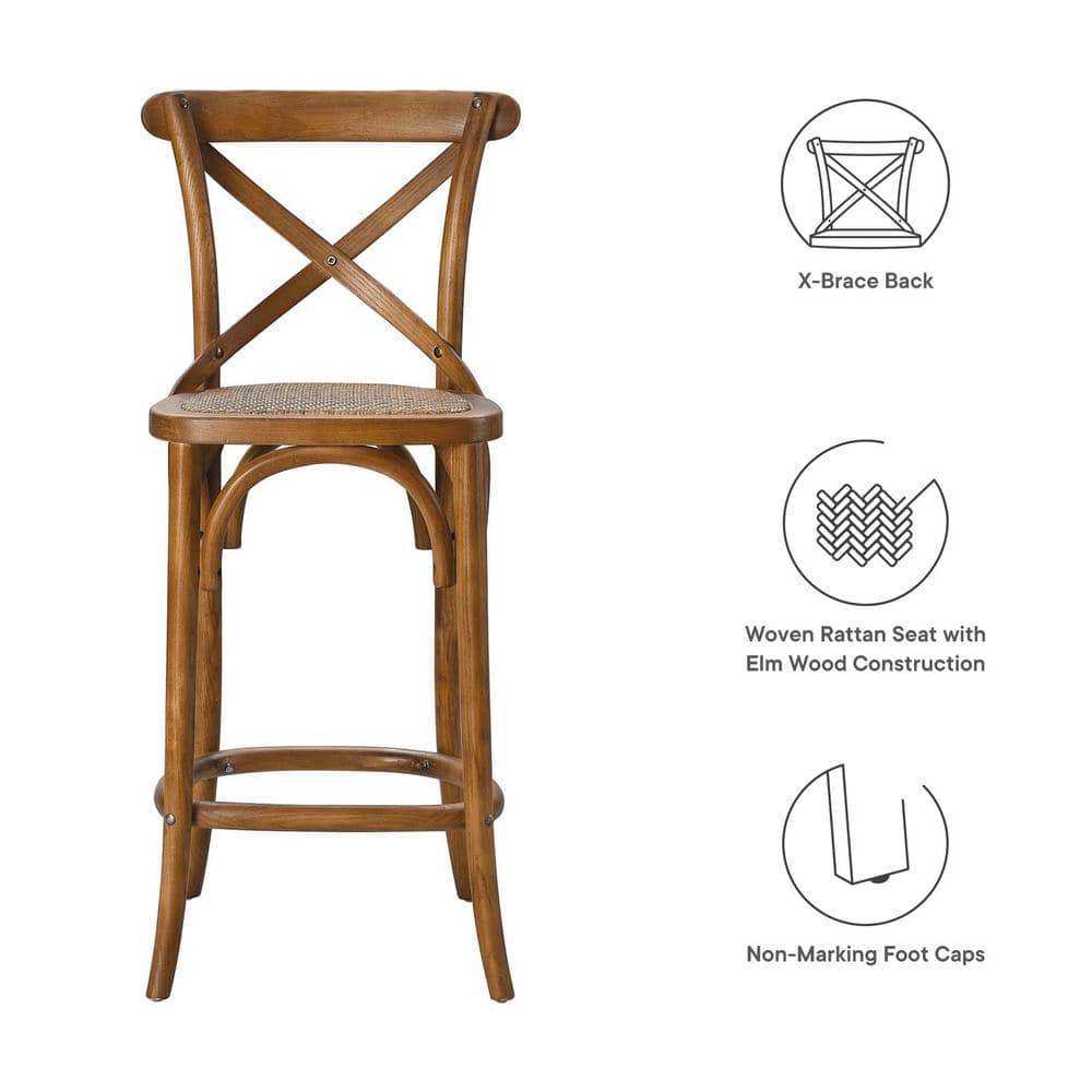 Walnut Elm Wood Counter Stool with Rattan Seat